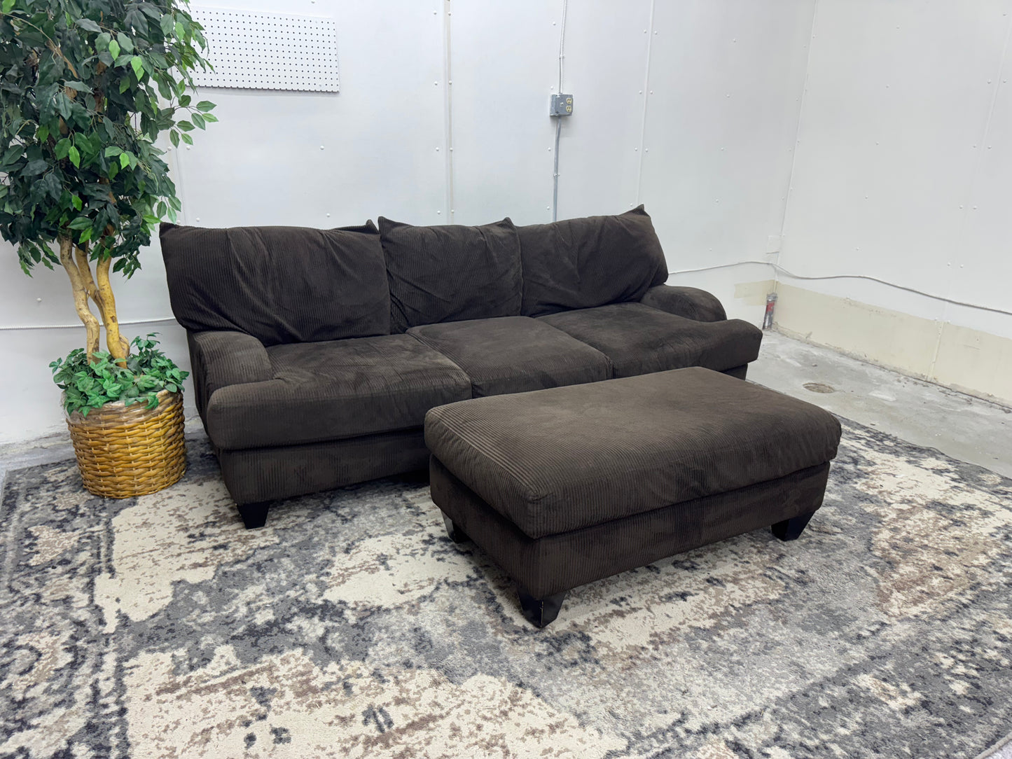 Brown Corduroy Sofa with Ottoman
