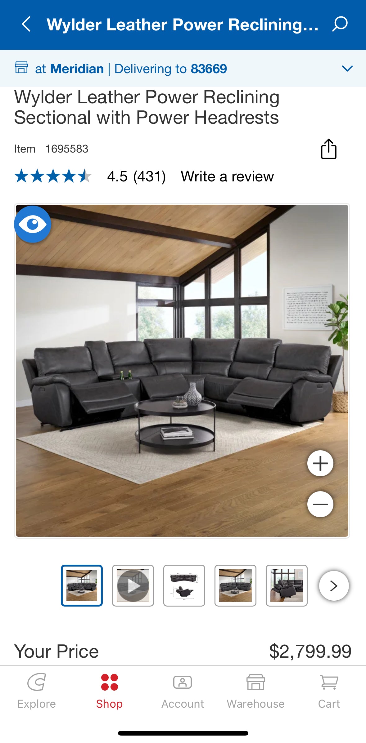 Leather Gray 6-Piece “Wylder” Modular Costco Sectional Couch