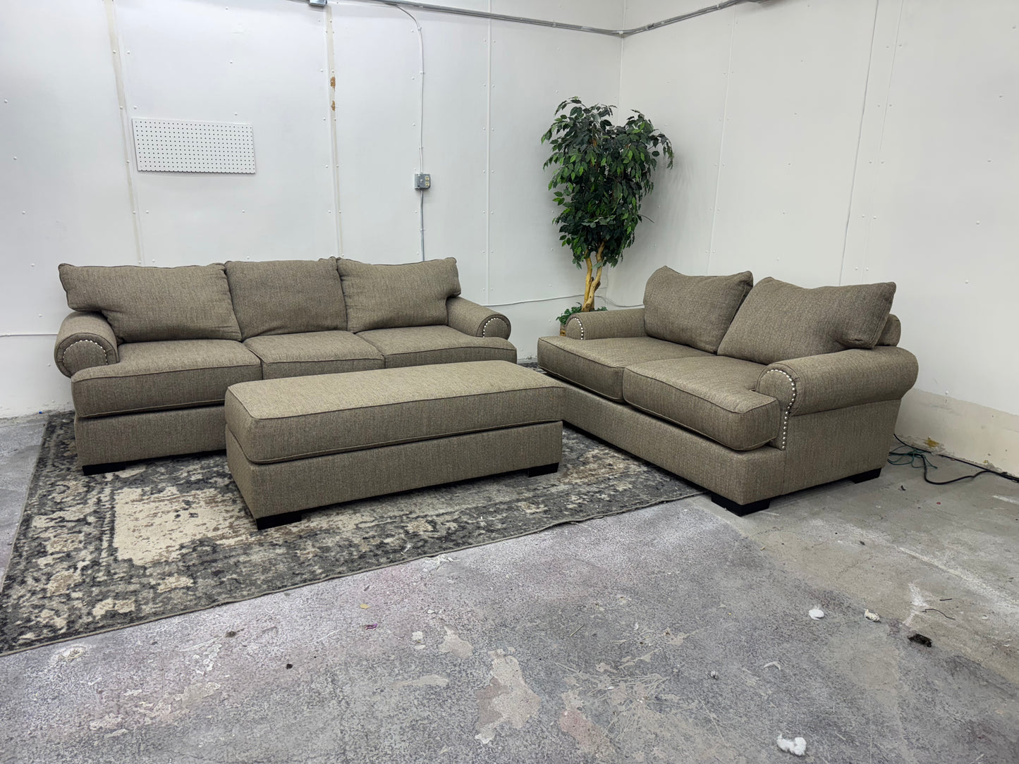 Brown Sofa & Loveseat w/ Ornate Trim