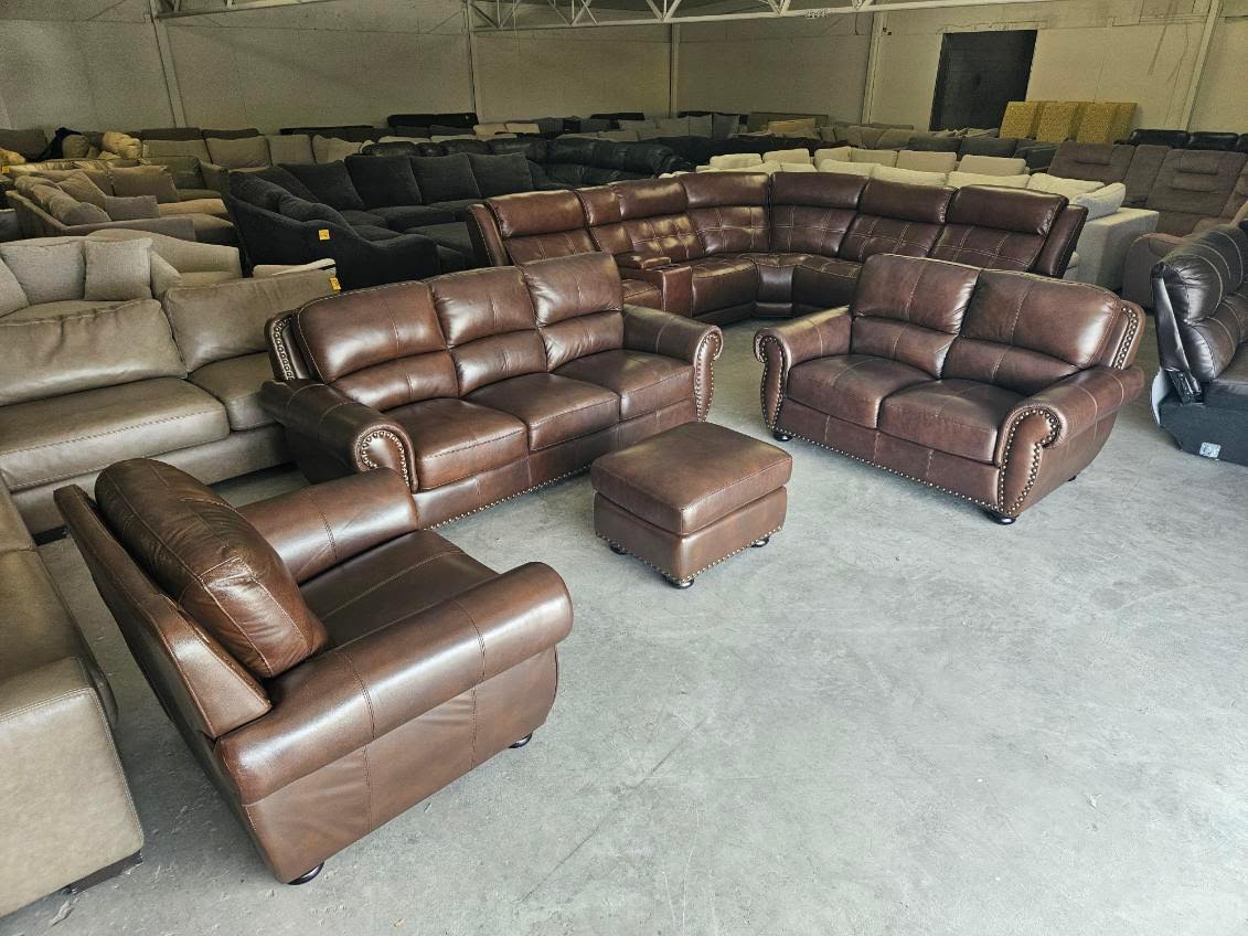 Brown Leather Living Room Set with Couch, Loveseat, Chair + Ottoman