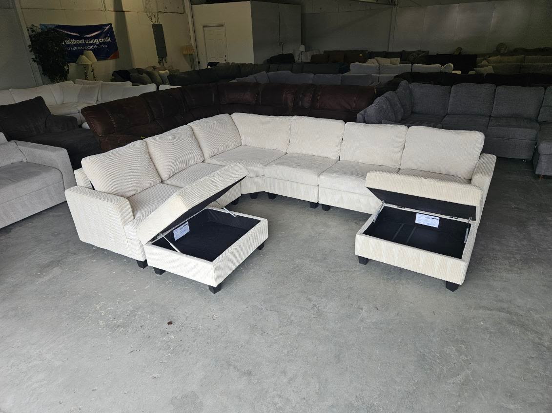 Cream Corduroy Modular Sectional with Dual Storage Ottomans