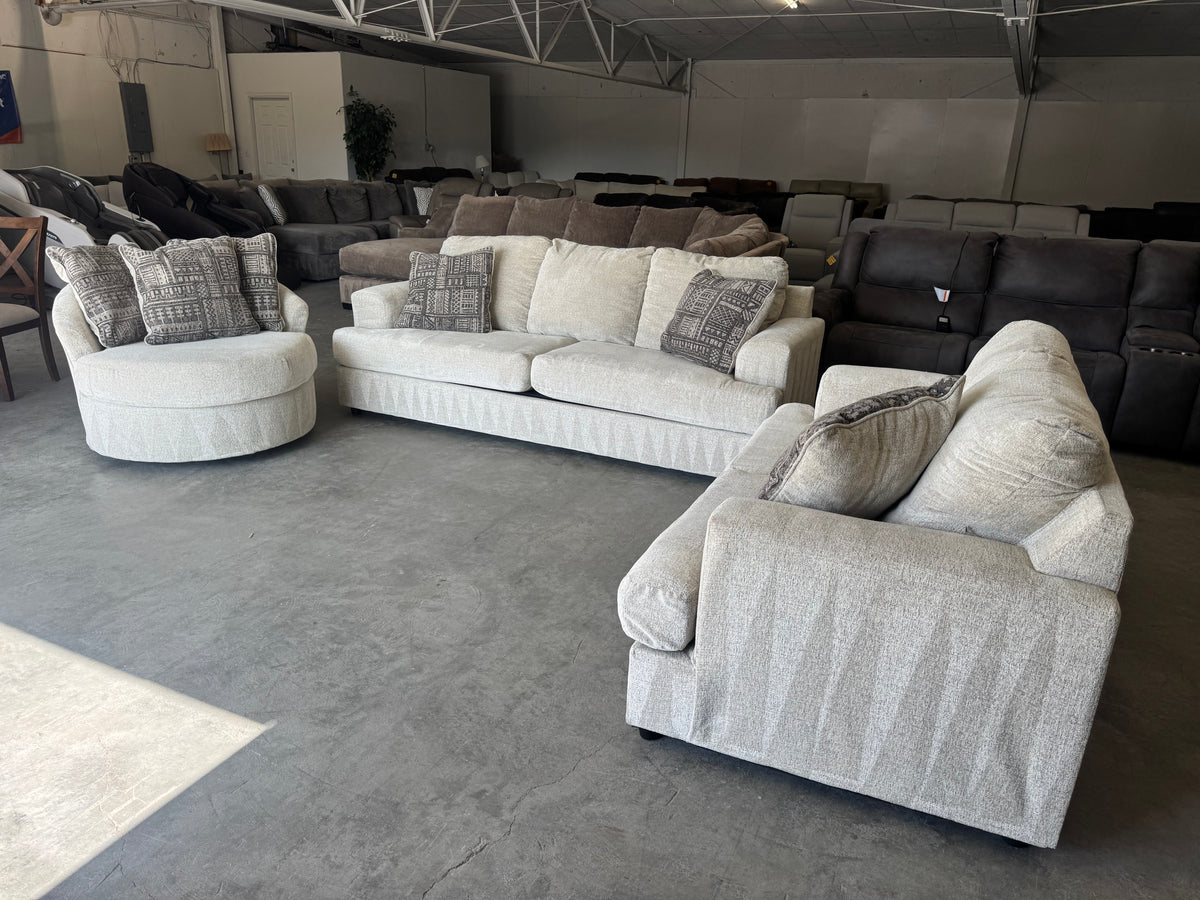Living Room Set – Plush Beige Sleeper Sofa, Loveseat & Barrel Chair