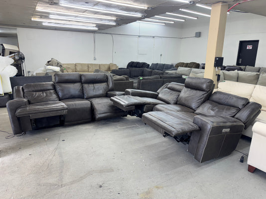 Matching Charcoal Leather 3-Seater Reclining Sofas w/ Power Headrests