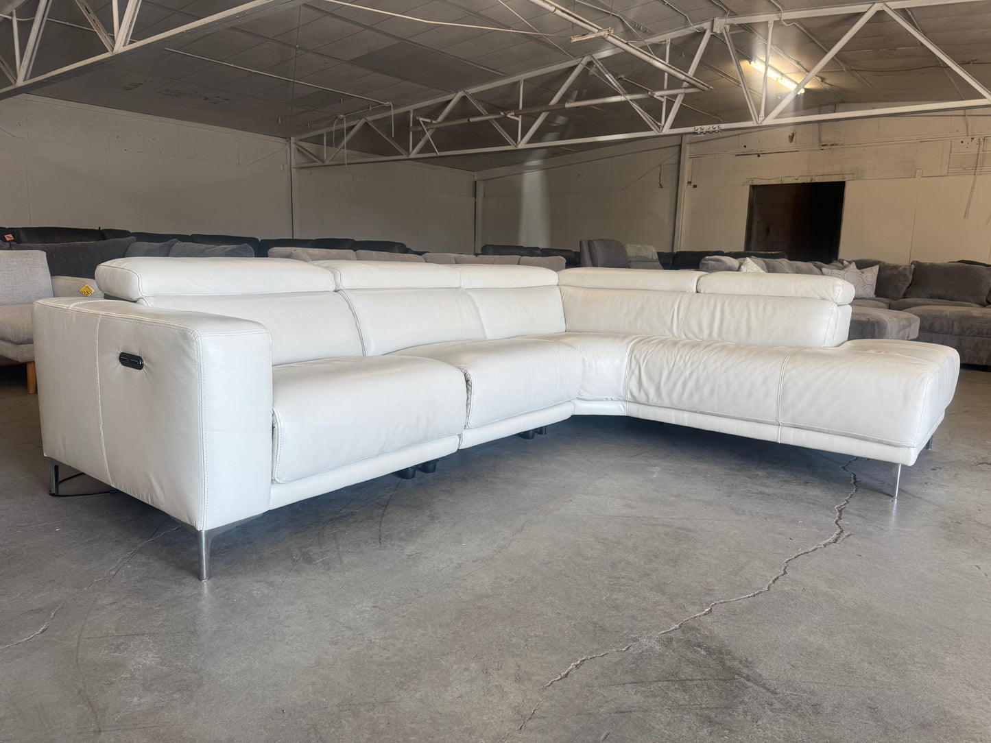 White Leather Power Reclining Sectional with Chaise