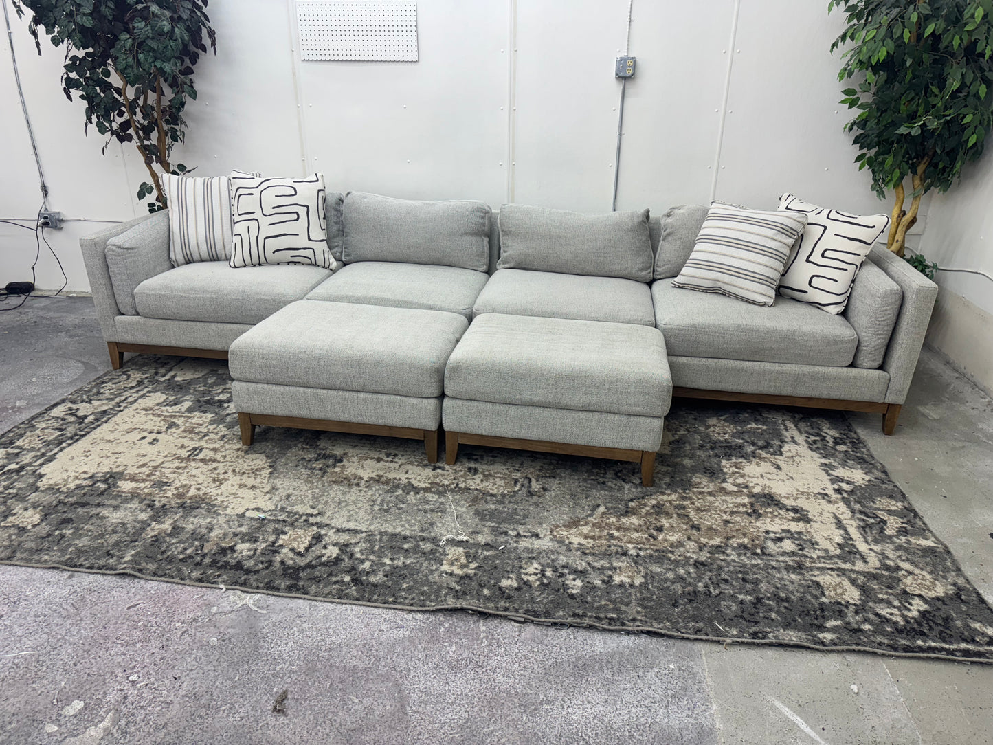 Huge Light Gray Mid-Century Modern Sofa w/ Two Ottomans