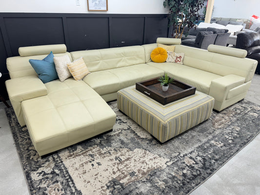 Stunning Cream Mid Century Modern Sectional Couch and Funky Ottoman