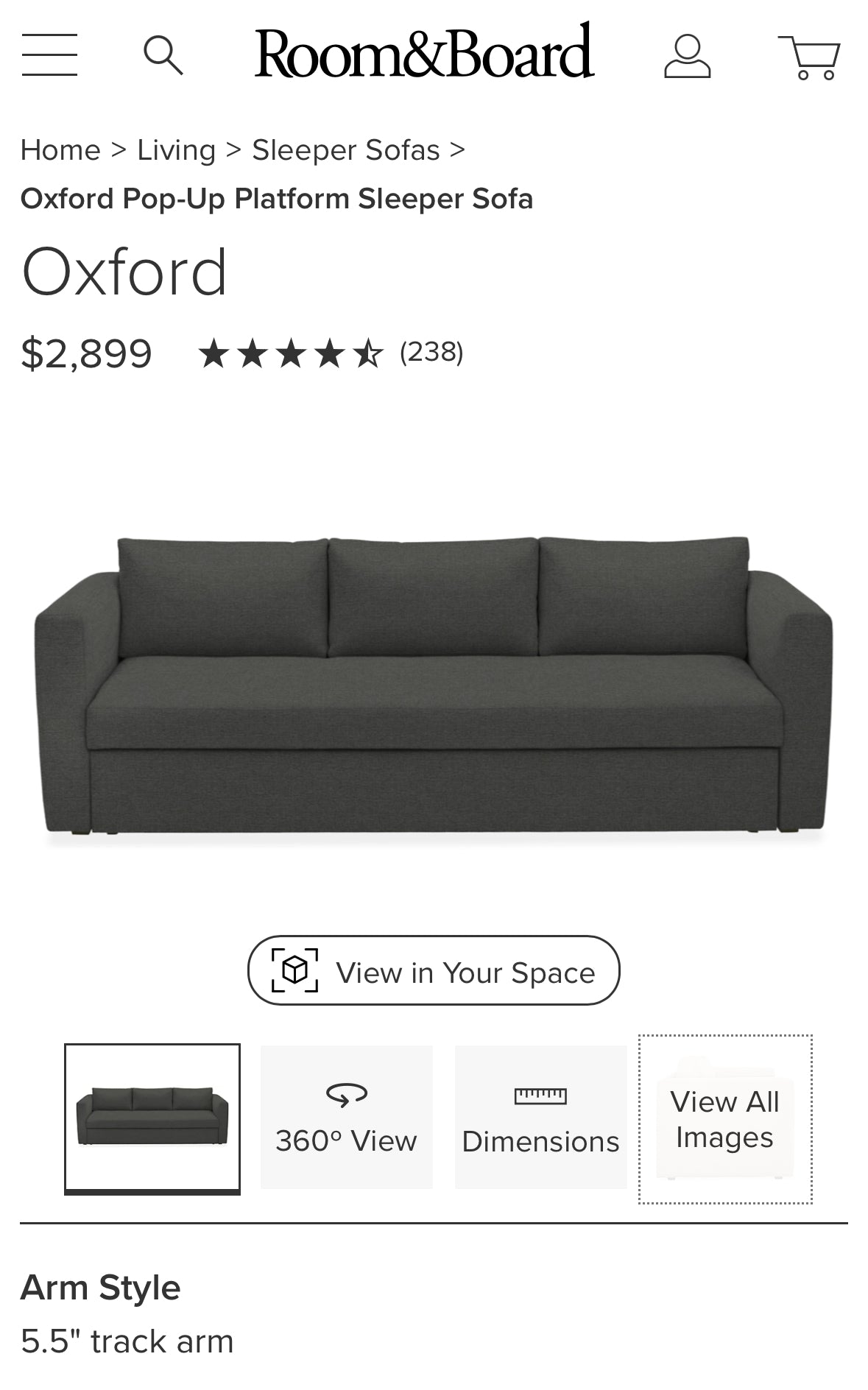 Room & Board Oxford Pop-Up Platform Sleeper Sofa