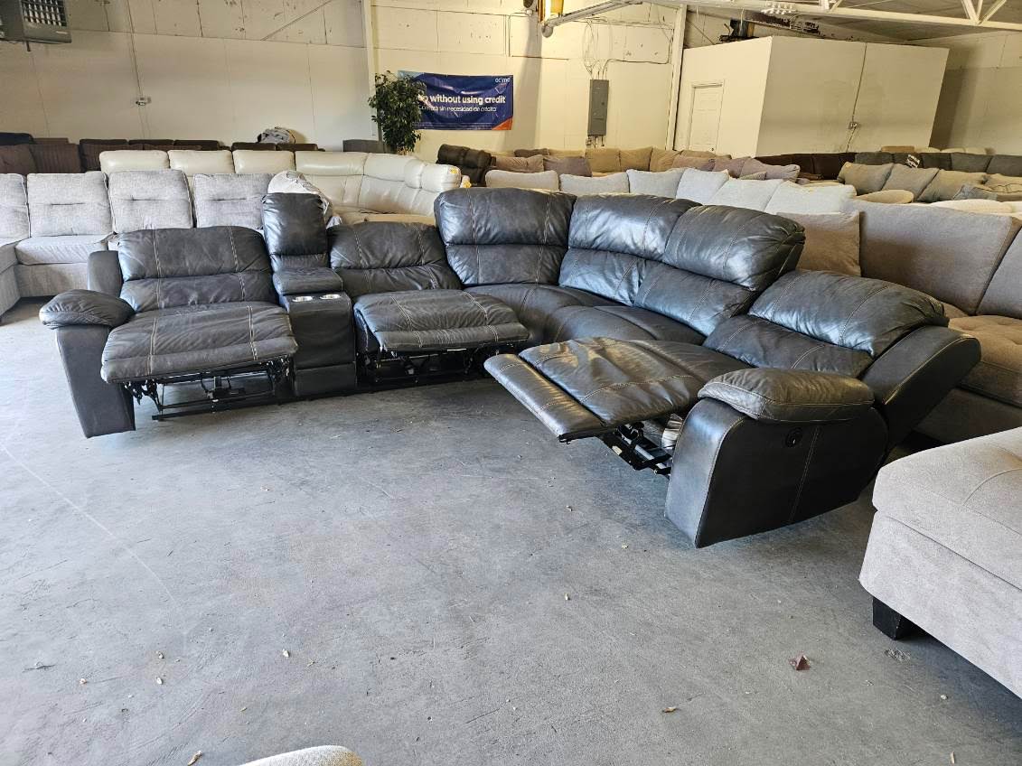 Charcoal Gray Leather Power Reclining Sectional