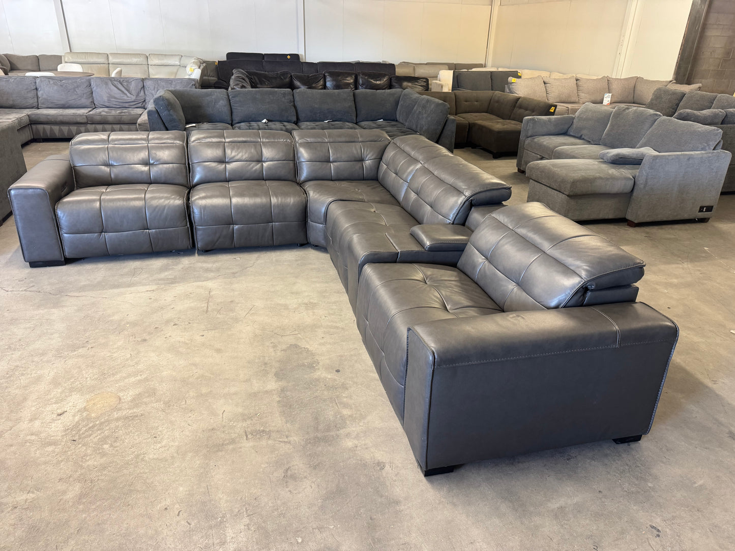 Charcoal Gray Leather 6-Piece Modular Sectional with 3 Power Recliners & Adjustable Headrests