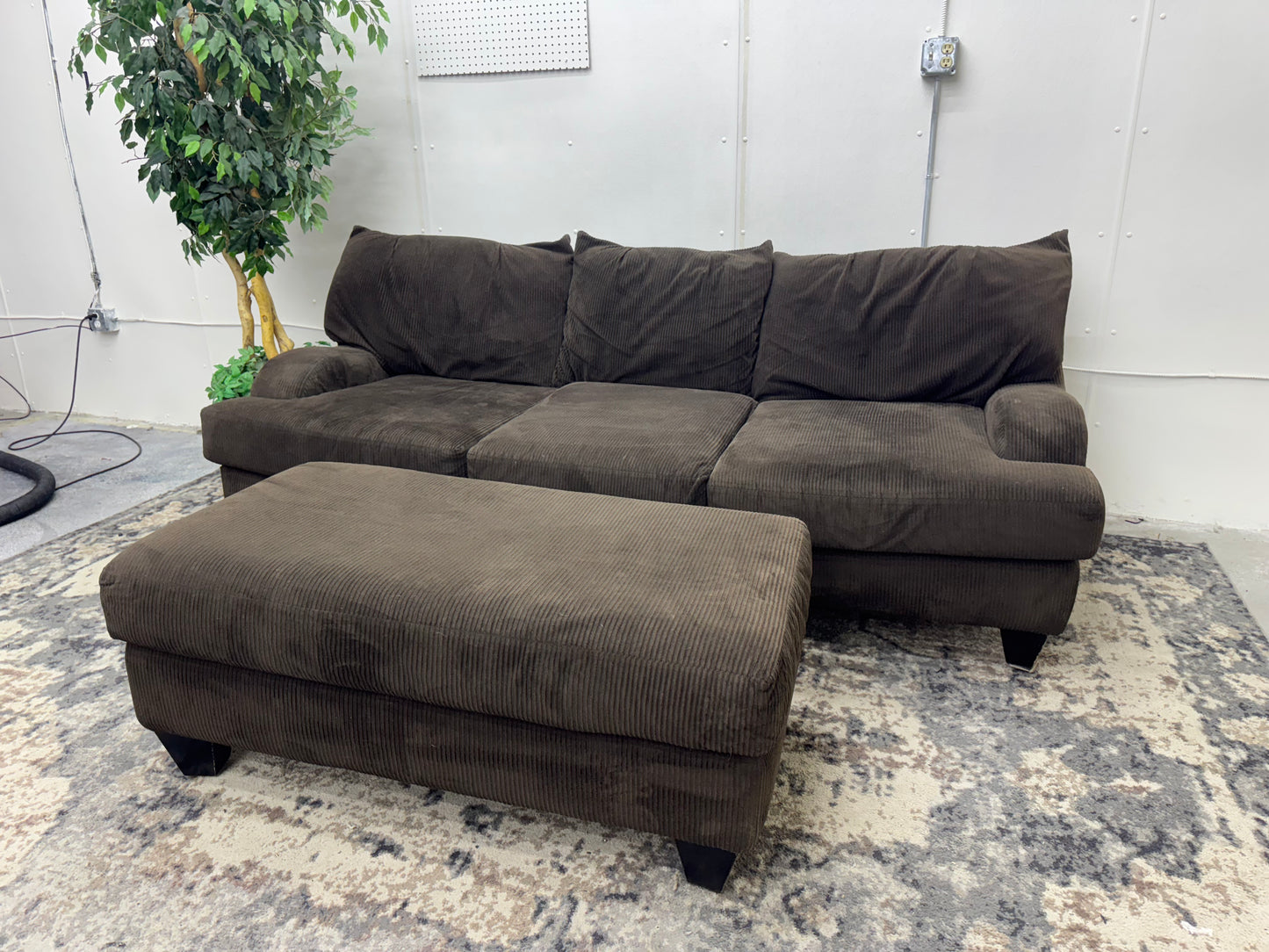 Brown Corduroy Sofa with Ottoman
