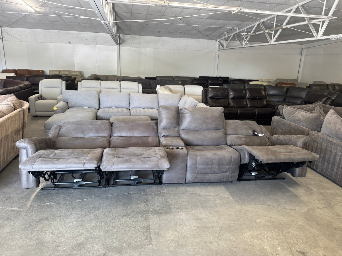 Modular Brown/Gray Power Reclining Theater Sofa w/ Adjustable Headrest
