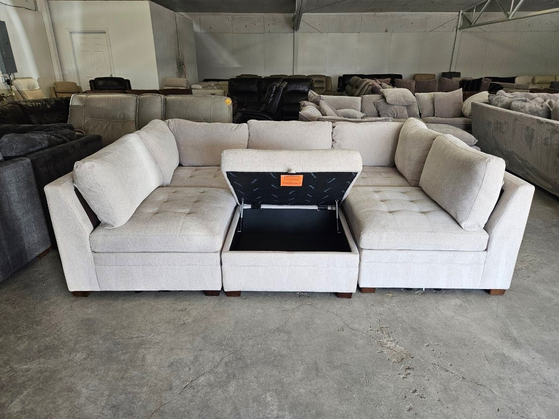 Beige 6 Piece Modular Sectional Sofa with Storage Ottoman