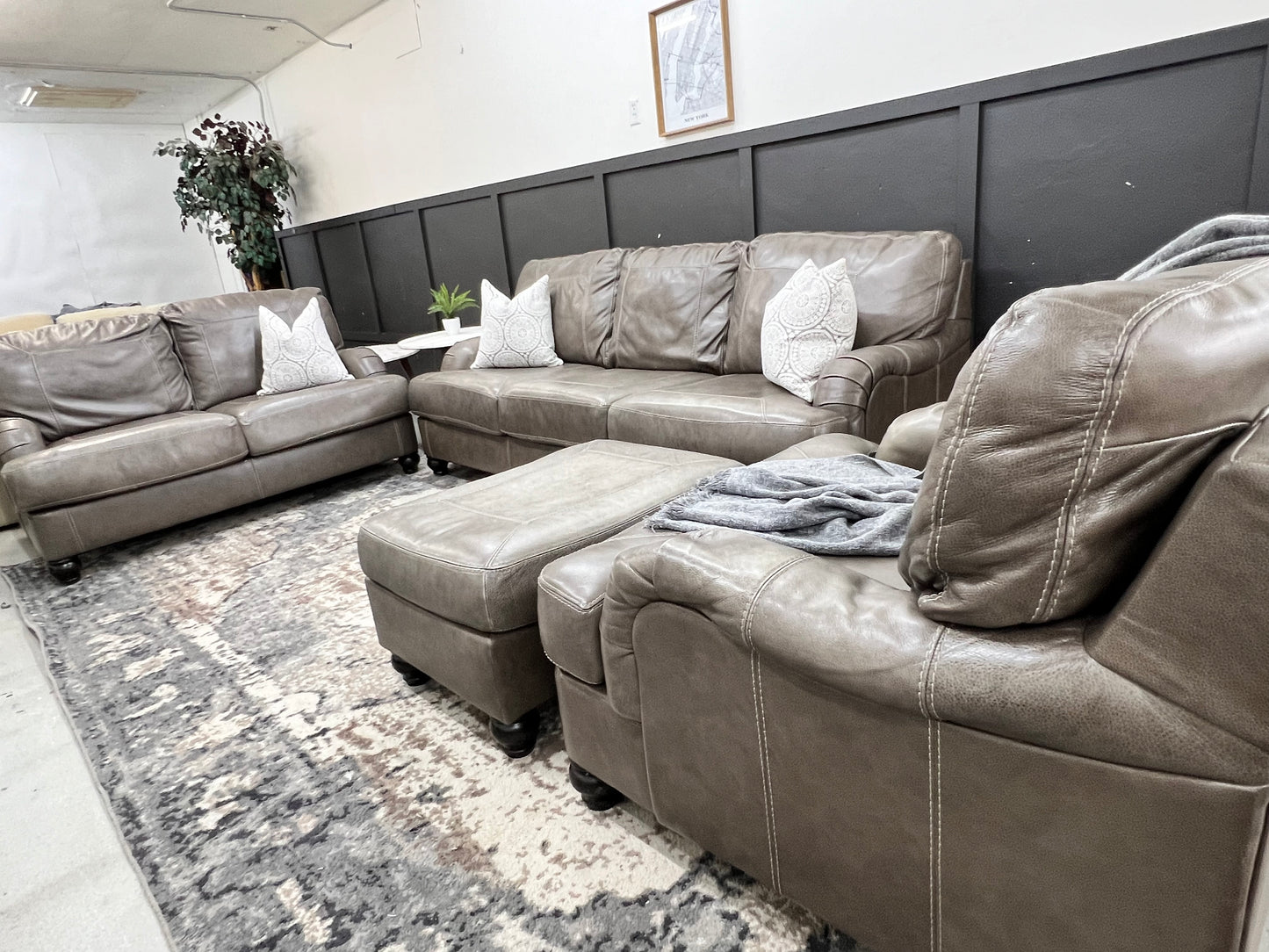 Gray Leather Couch Loveseat Armchair and Ottoman 4 Piece Living Room Set