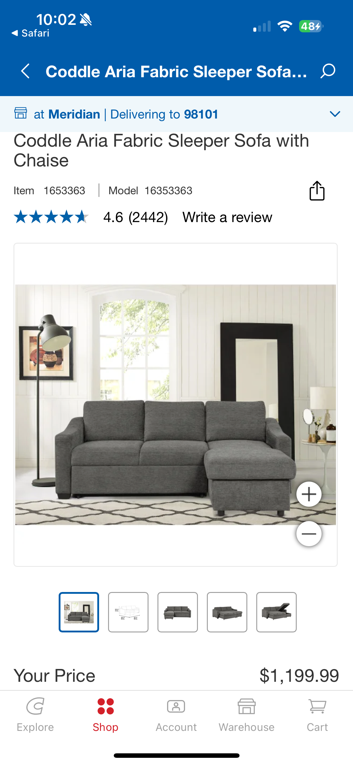 Costco Coddle Gray Sleeper Sectional with Reversible Storage Chaise