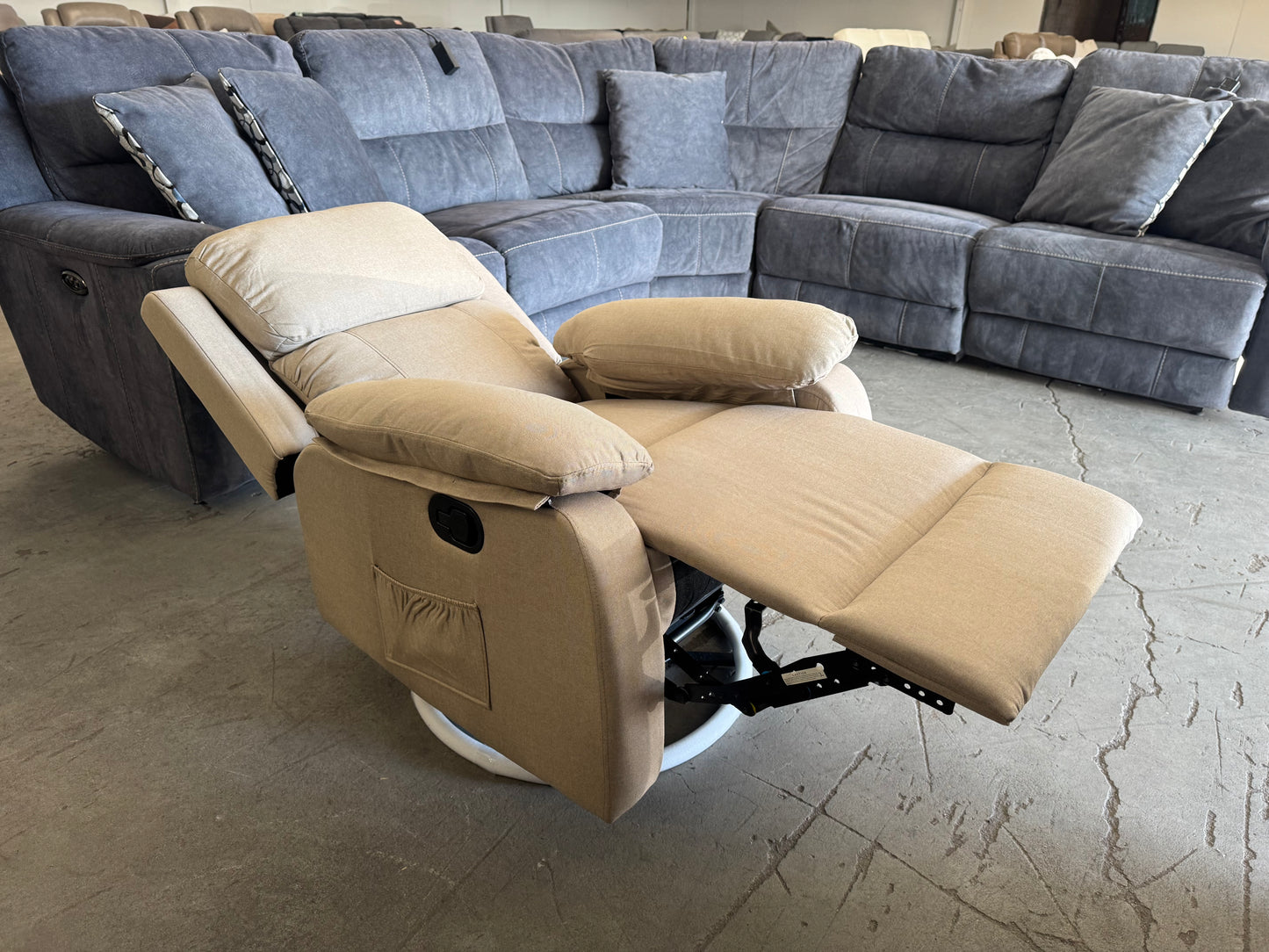 Brand New Beige Fabric Swivel Recliner