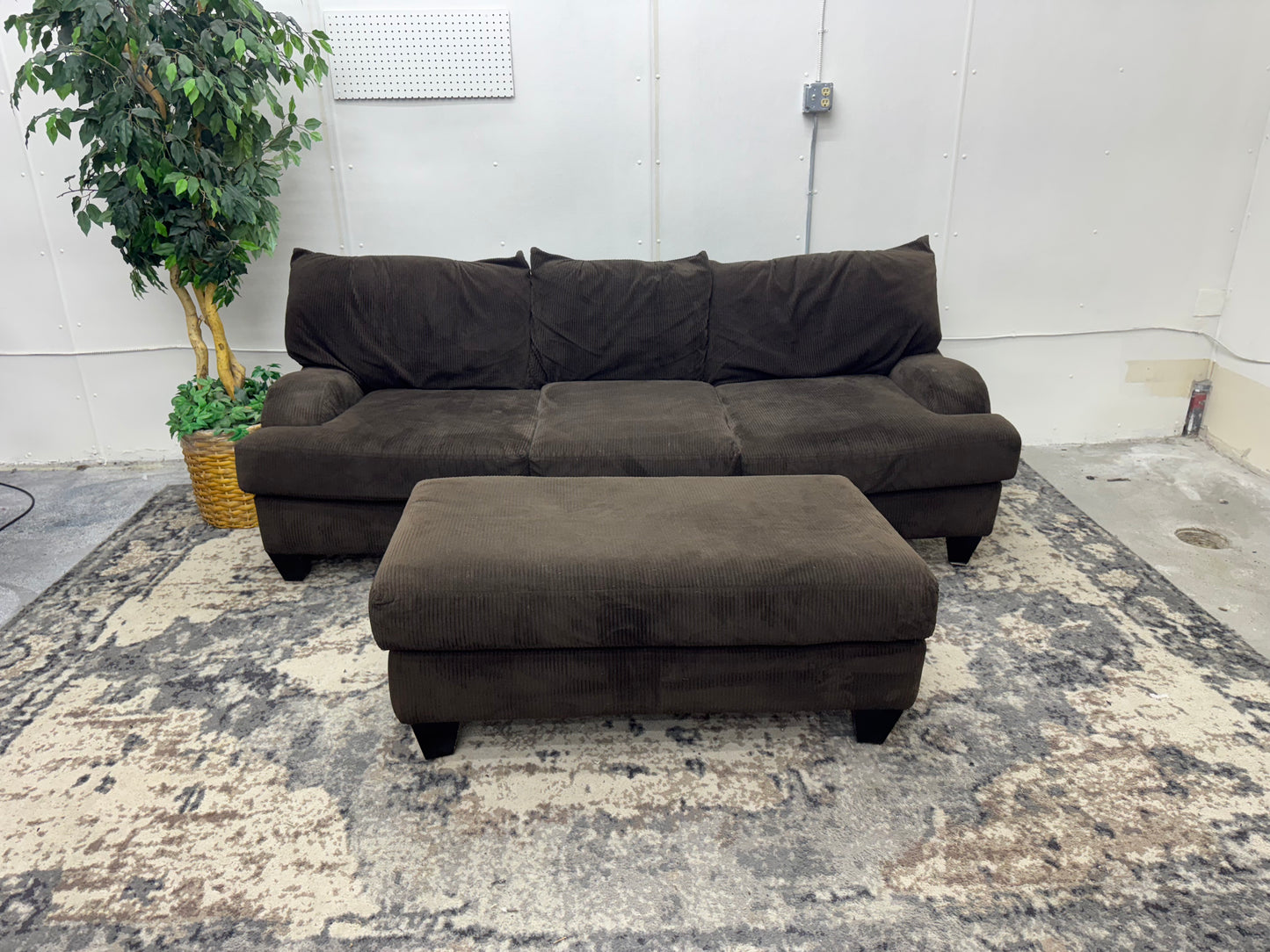 Brown Corduroy Sofa with Ottoman