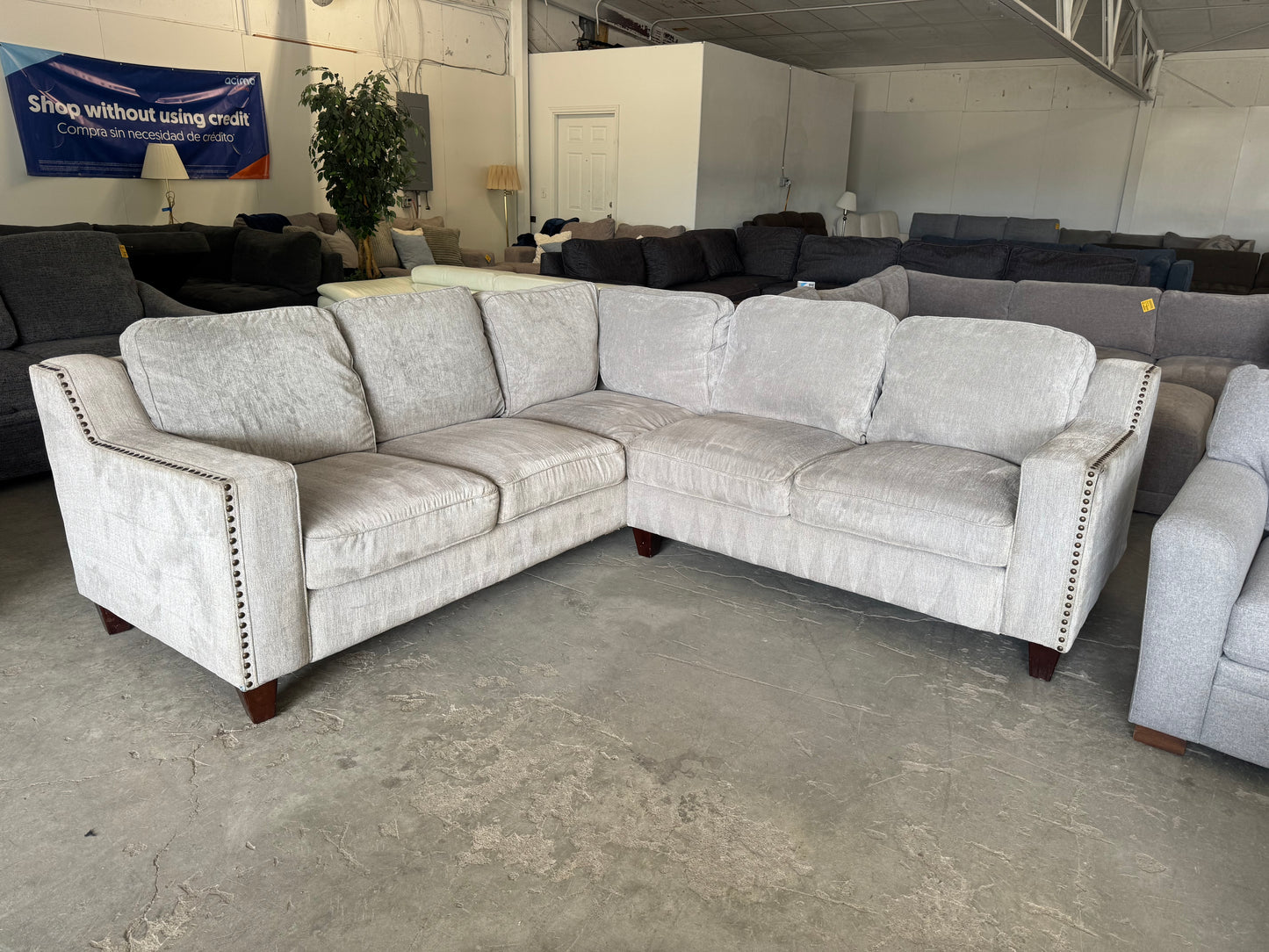 Gray & Beige L-Shaped Sectional with Nailhead Trim