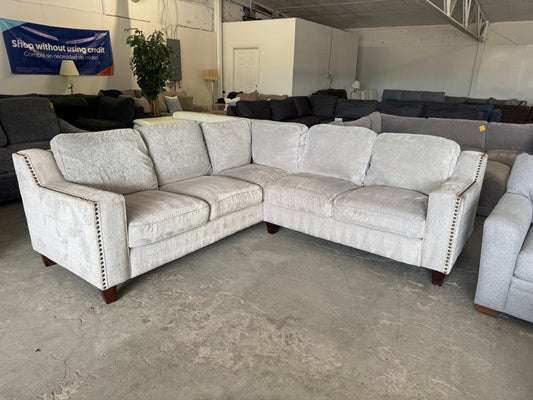 Gray & Beige L-Shaped Sectional with Nailhead Trim