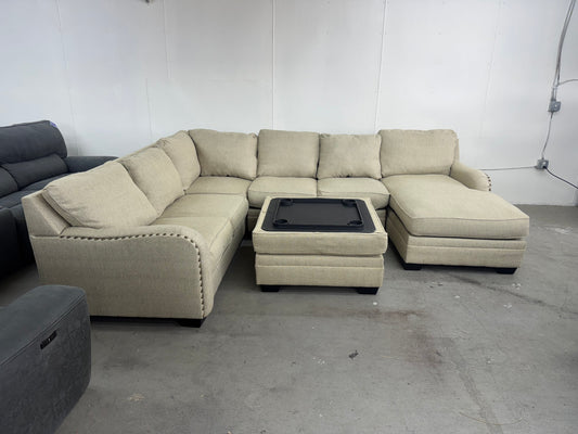 Beige U Shape Sectional with Storage Ottoman / Coffee Table