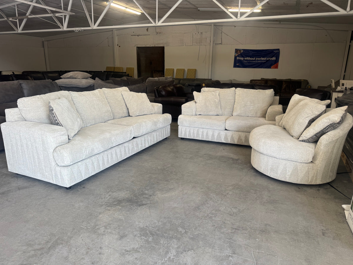 Living Room Set – Plush Beige Sleeper Sofa, Loveseat & Barrel Chair