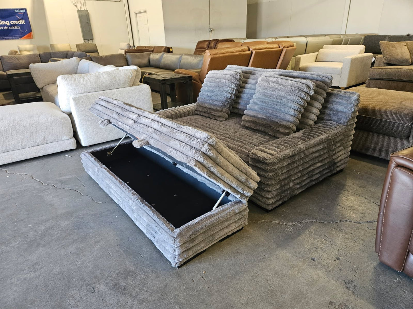 Gray Plush Corduroy Lounger with Storage Ottoman