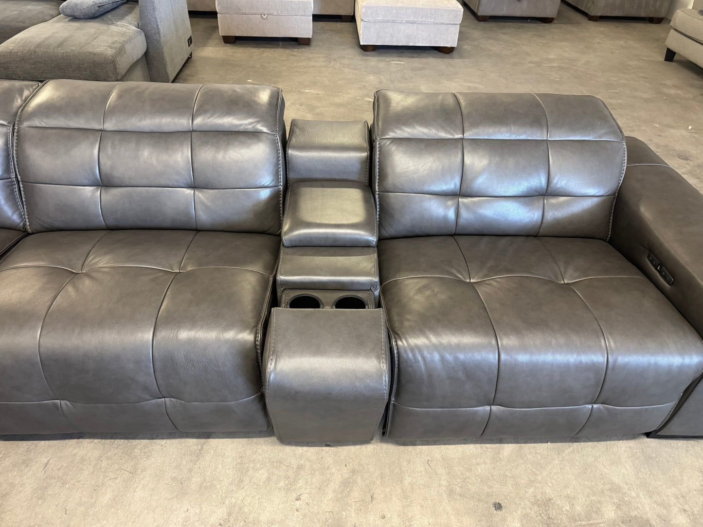 Charcoal Gray Leather 6-Piece Modular Sectional with 3 Power Recliners & Adjustable Headrests
