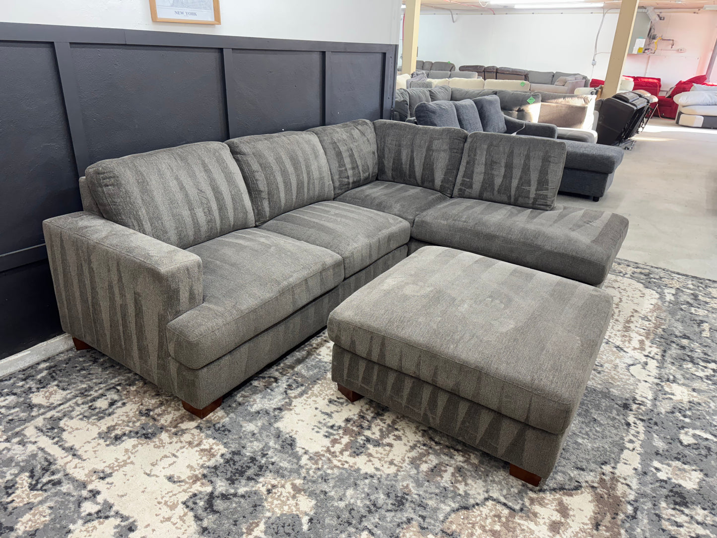 Gray L Shape Sectional Couch and Ottoman