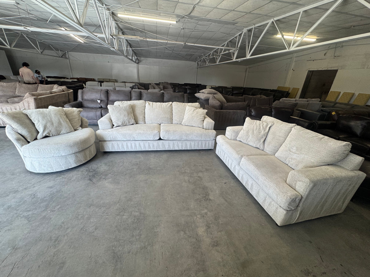 Living Room Set – Plush Beige Sleeper Sofa, Loveseat & Barrel Chair