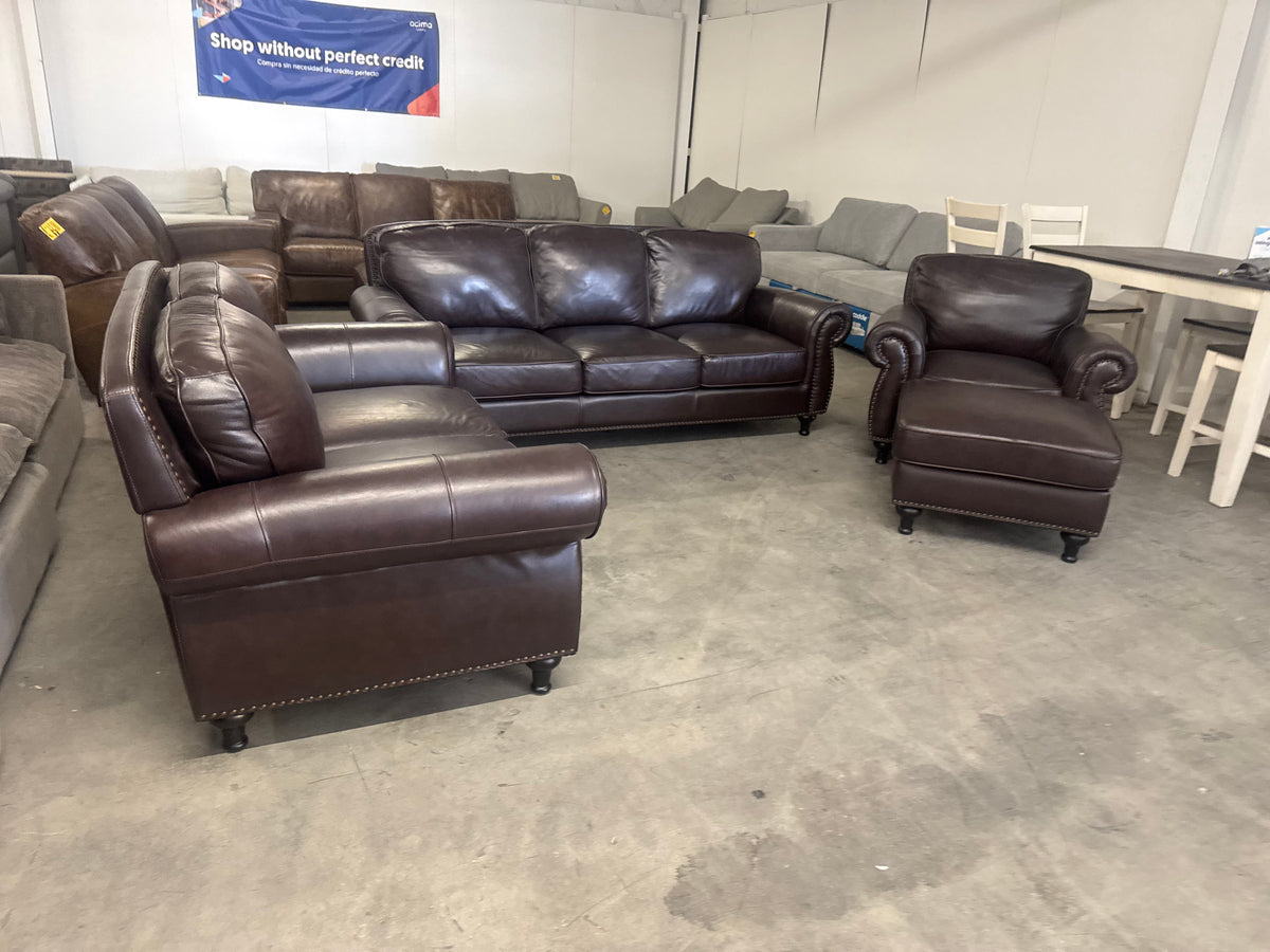 Brown Leather 4-Piece Sofa, Loveseat, Chair & Ottoman
