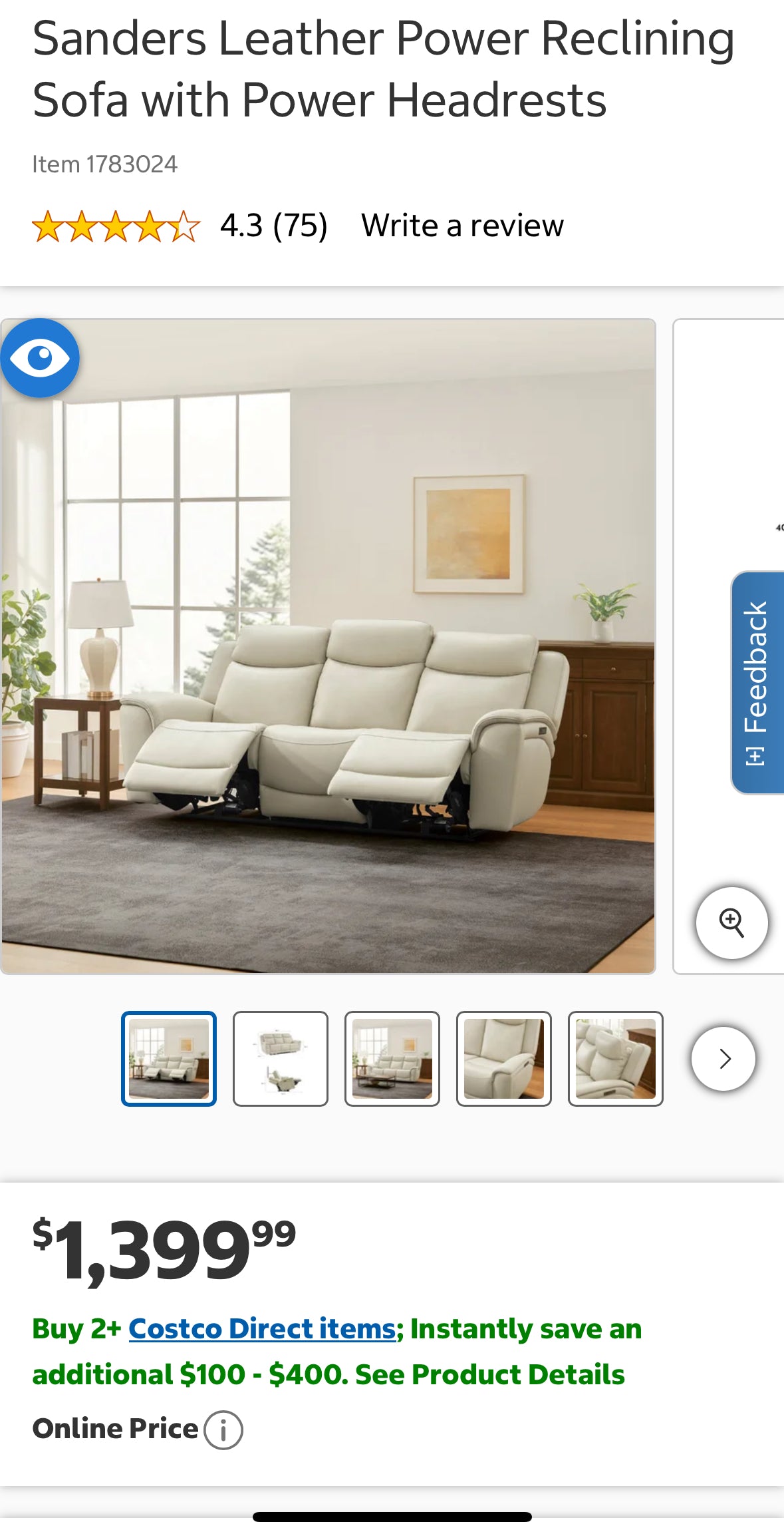 Cream Leather Power Reclining Sofa with Power Headrests