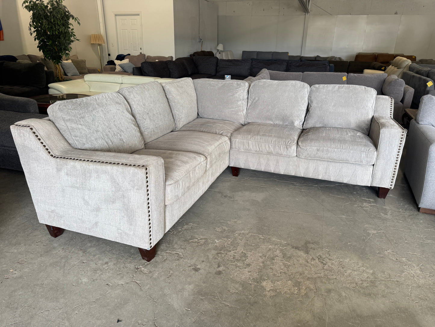 Gray & Beige L-Shaped Sectional with Nailhead Trim