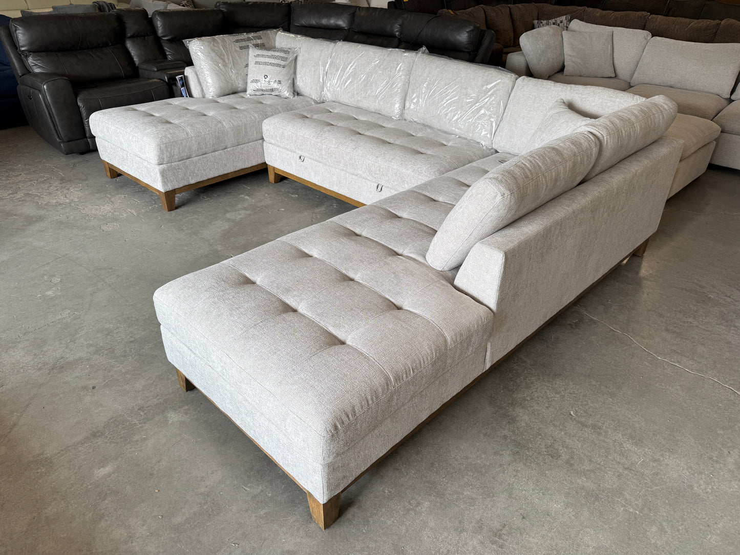 Brand New Gray Mid Century Modern U-Shaped Sectional with Dual Chaise Lounges