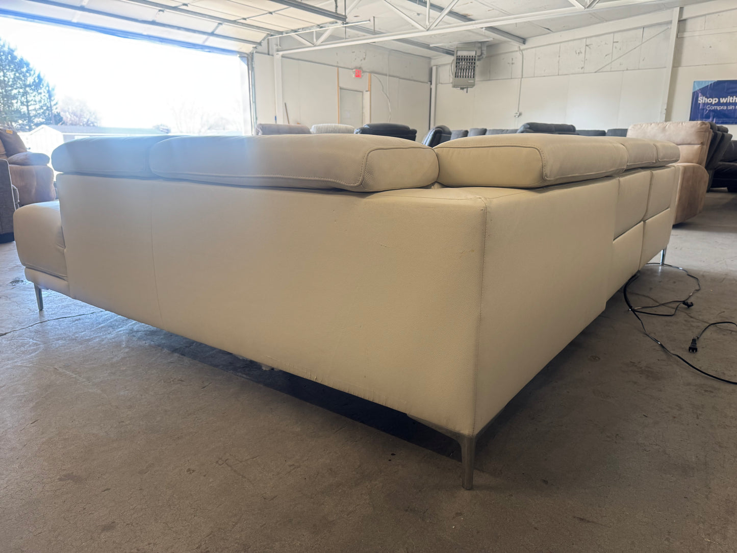 White Leather Power Reclining Sectional with Chaise
