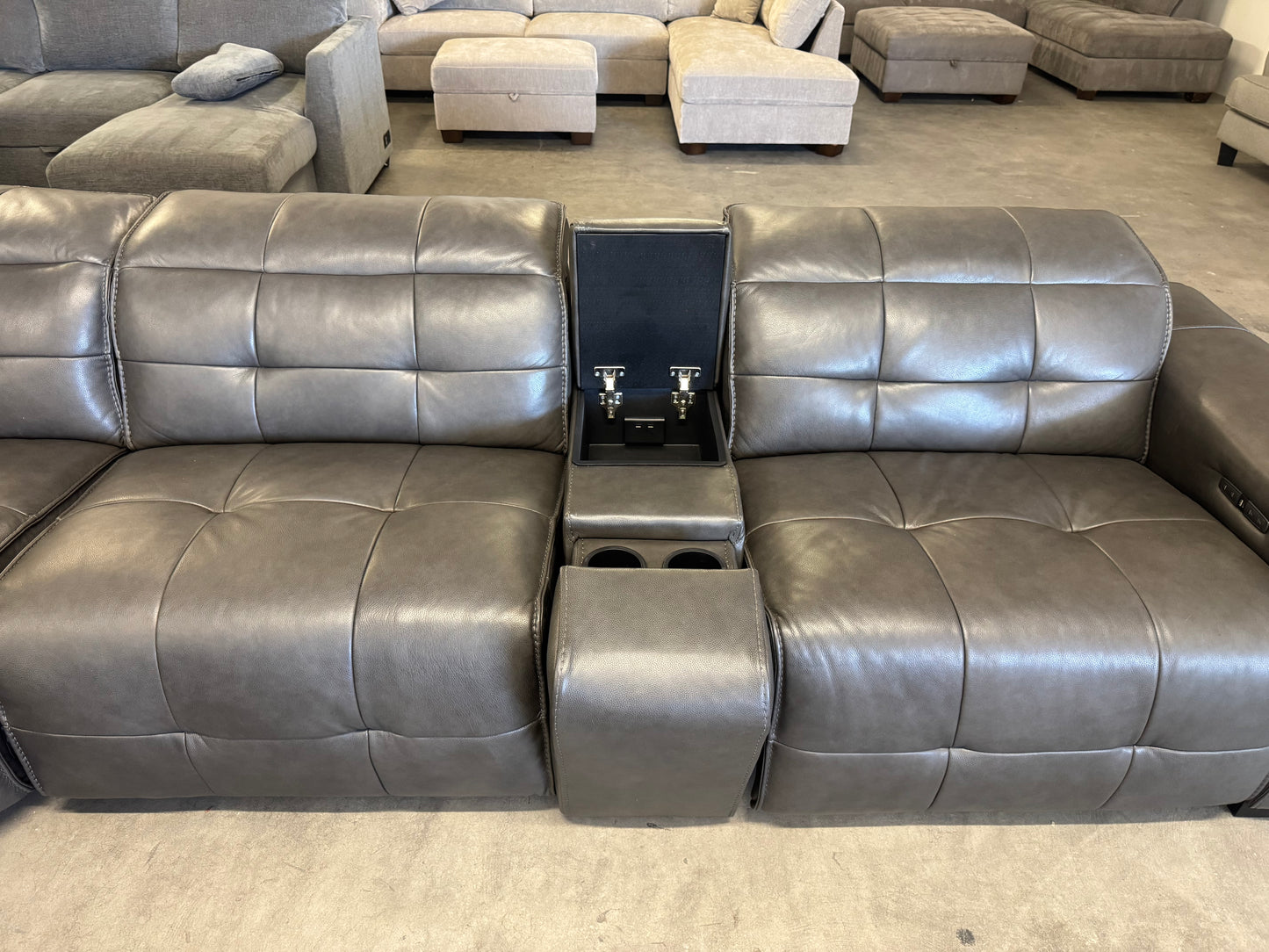 Charcoal Gray Leather 6-Piece Modular Sectional with 3 Power Recliners & Adjustable Headrests