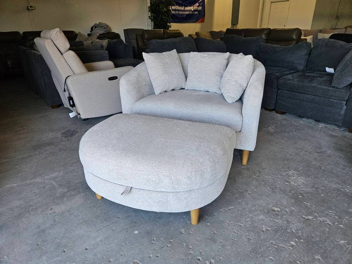 Beige Gray Accent Chair with Storage Ottoman