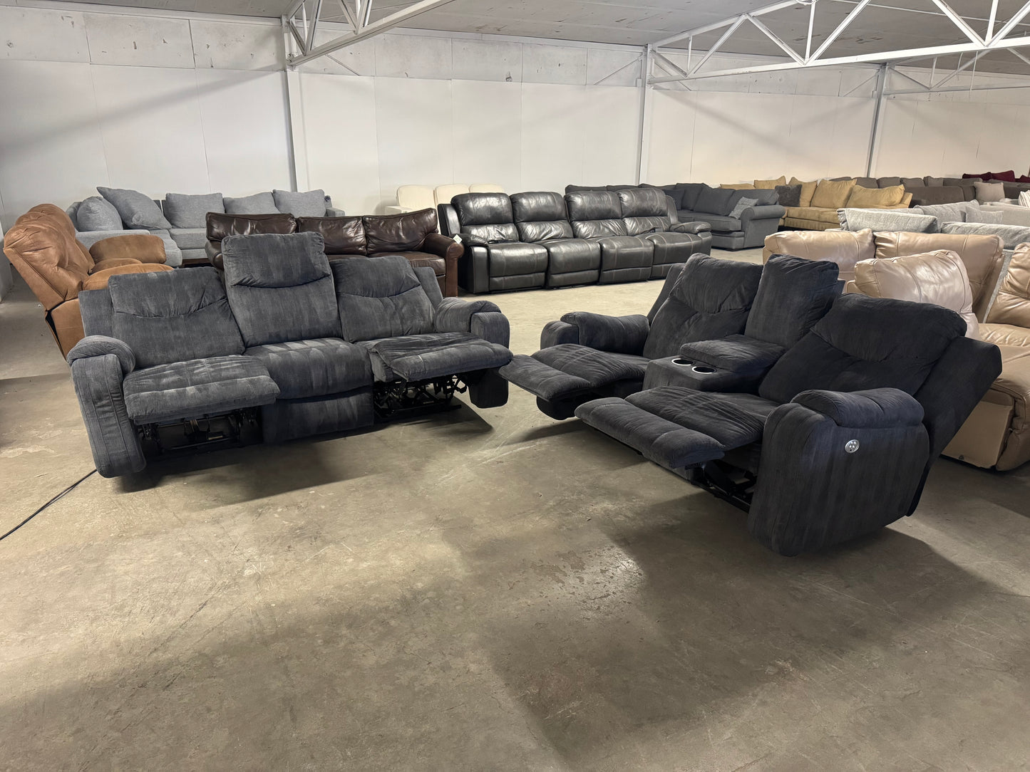 Couch + Loveseat Set – Dark Blue Fabric Power Recliners