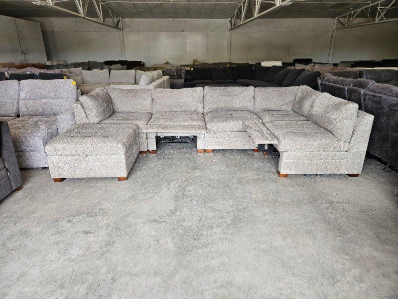 Gray Modular Sectional with Power Recliners & Storage Ottoman
