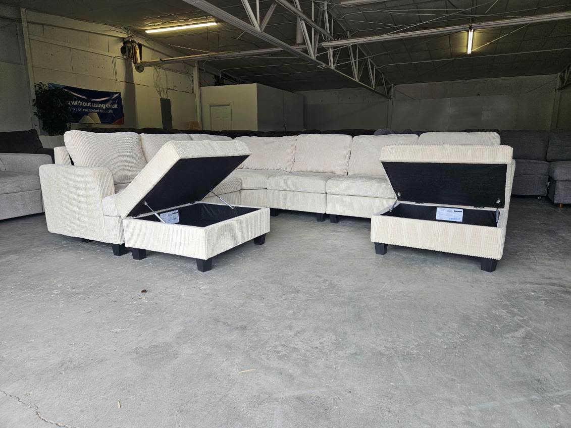 Cream Corduroy Modular Sectional with Dual Storage Ottomans