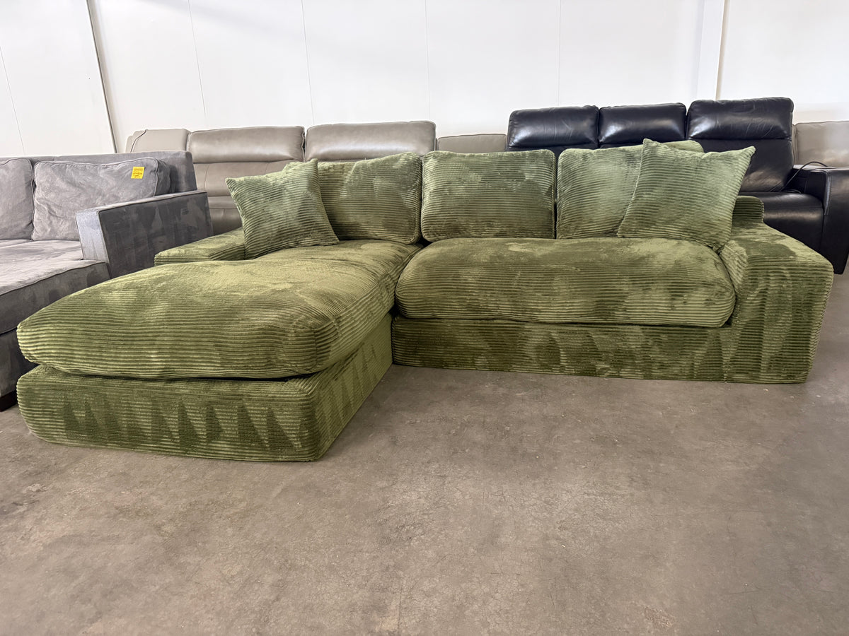 Green Plush Corduroy Boneless L-Shaped Sectional