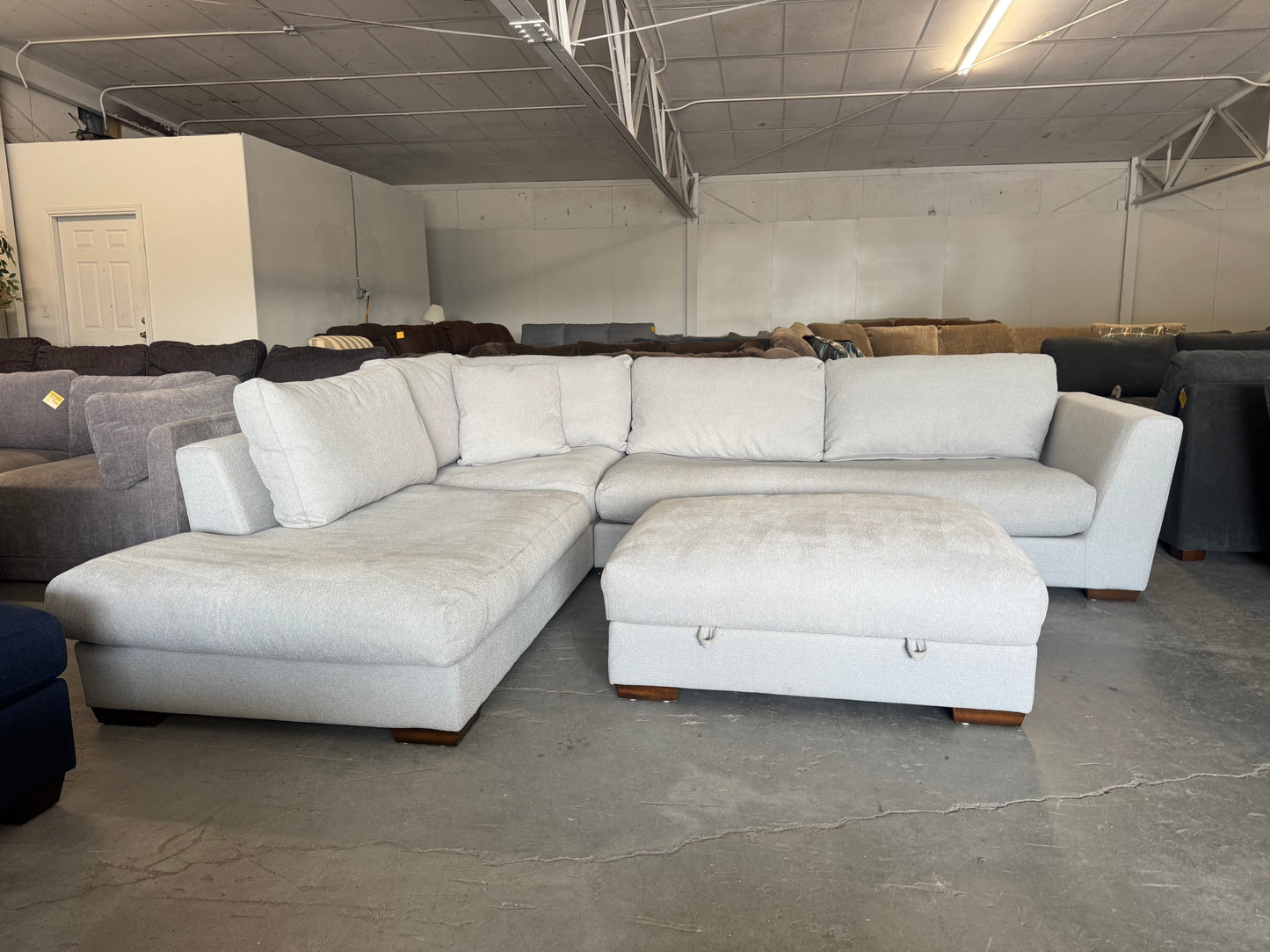 Gray/Beige Down-Filled Sectional Sofa with Oversized Chaise & Storage Ottoman