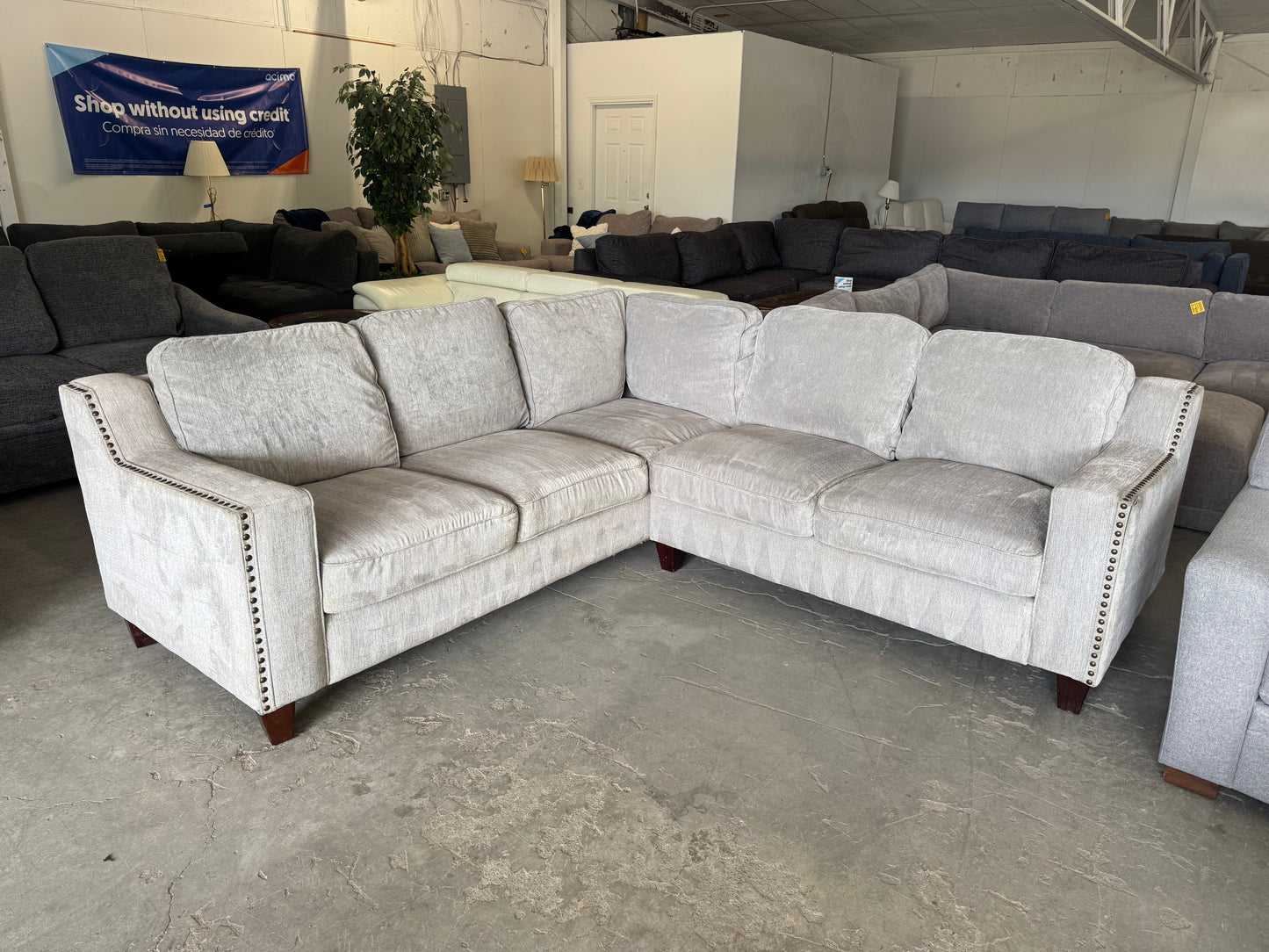 Gray & Beige L-Shaped Sectional with Nailhead Trim