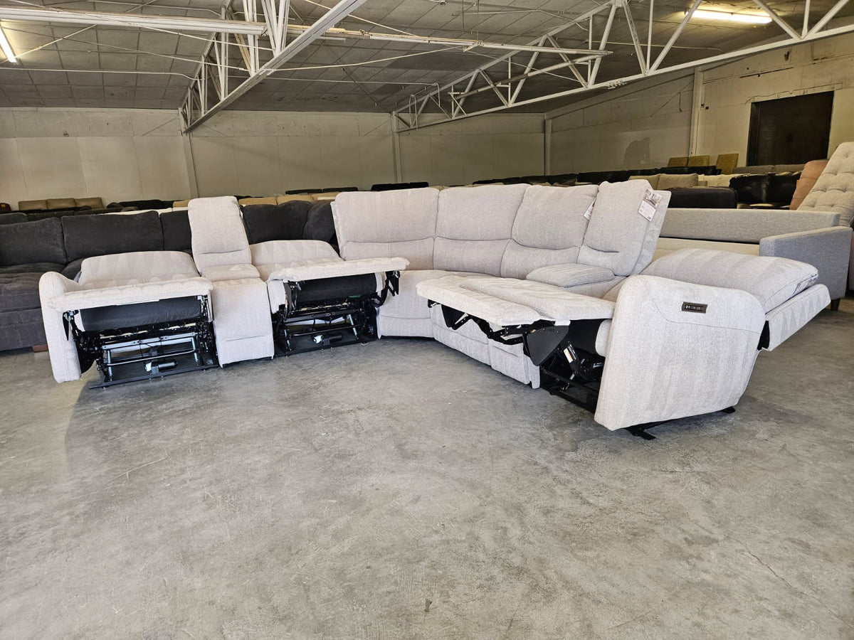 Light Gray Modular Fabric Power Reclining Sectional w/ Power Lumbar & Headrests