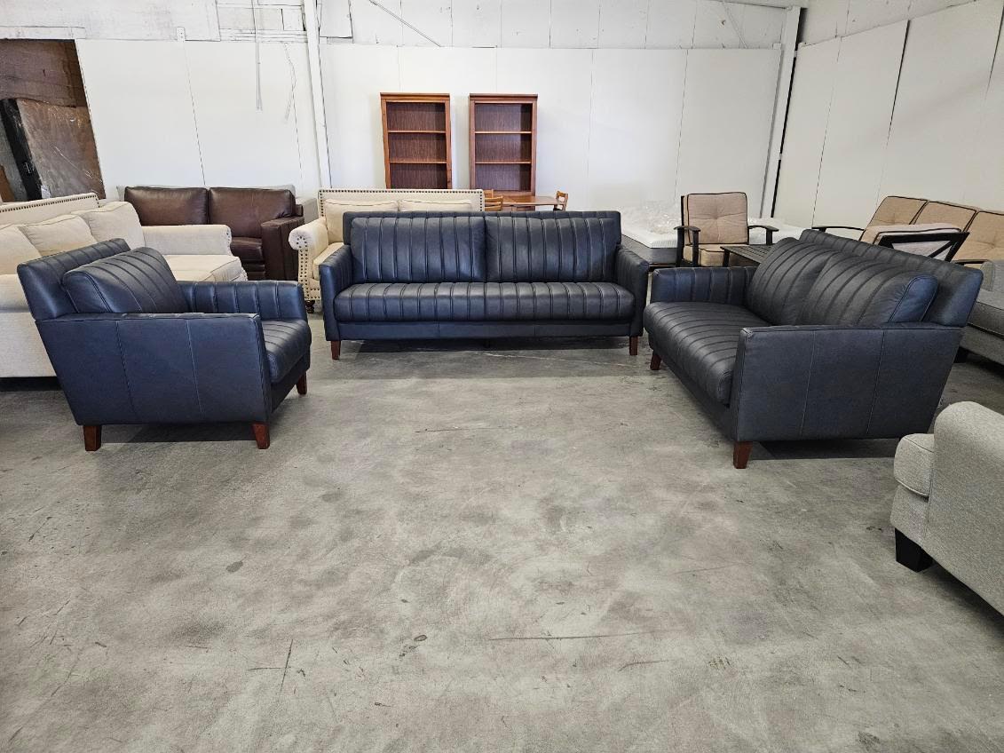 Blue Leather Sofa, Loveseat & Armchair Set
