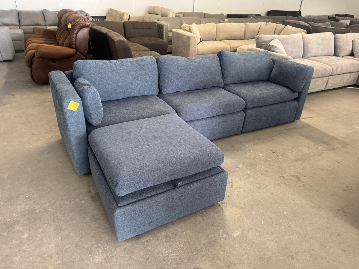 Denim Blue Modular Sofa with Storage Ottoman