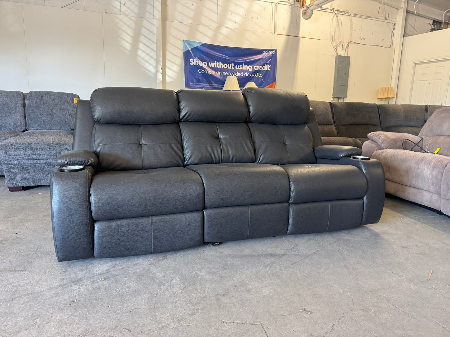 Gray Faux Leather Power Reclining Sofa with Drop-Down Console