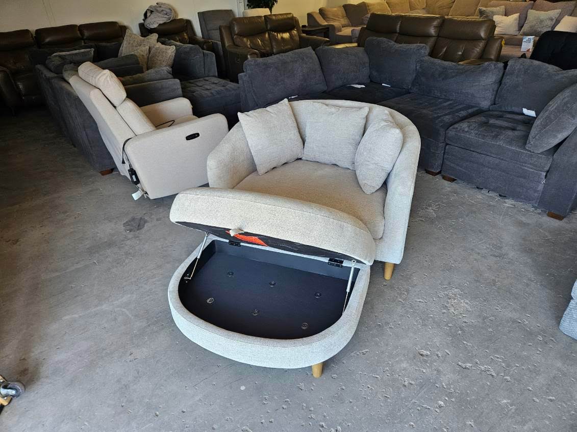 Beige Gray Accent Chair with Storage Ottoman