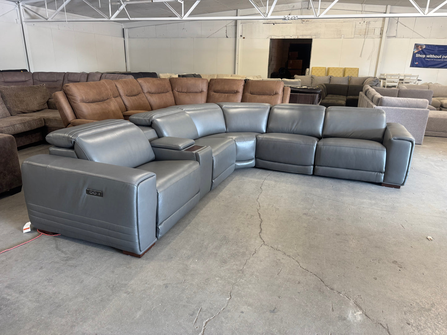 Brand New Aiden & Ivy Karson Gray Leather Power Reclining Sectional