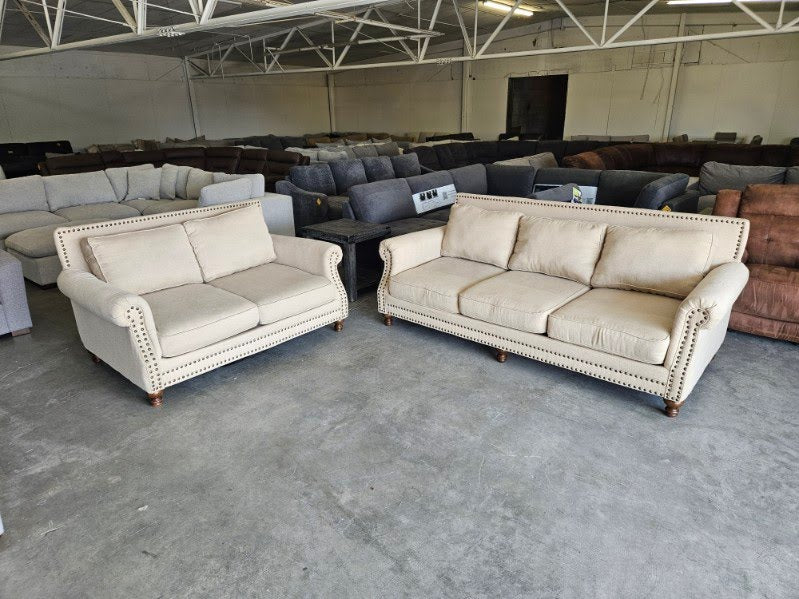 Couch and Loveseat Set - Beige Sofa and Loveseat with Ornate Trim