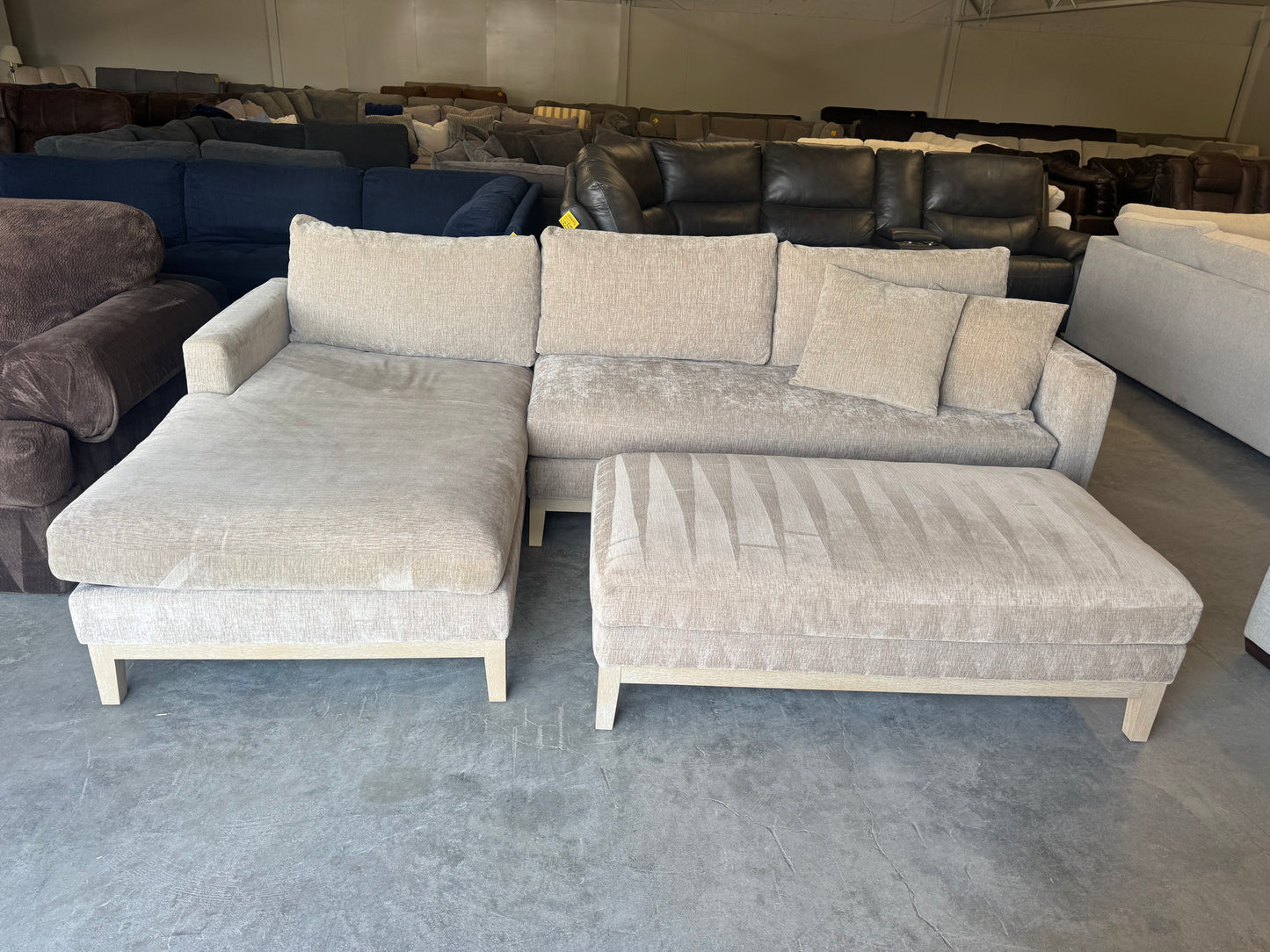 Down-Filled Mid-Century Modern Taupe Fabric L-Shape Sectional with Ottoman