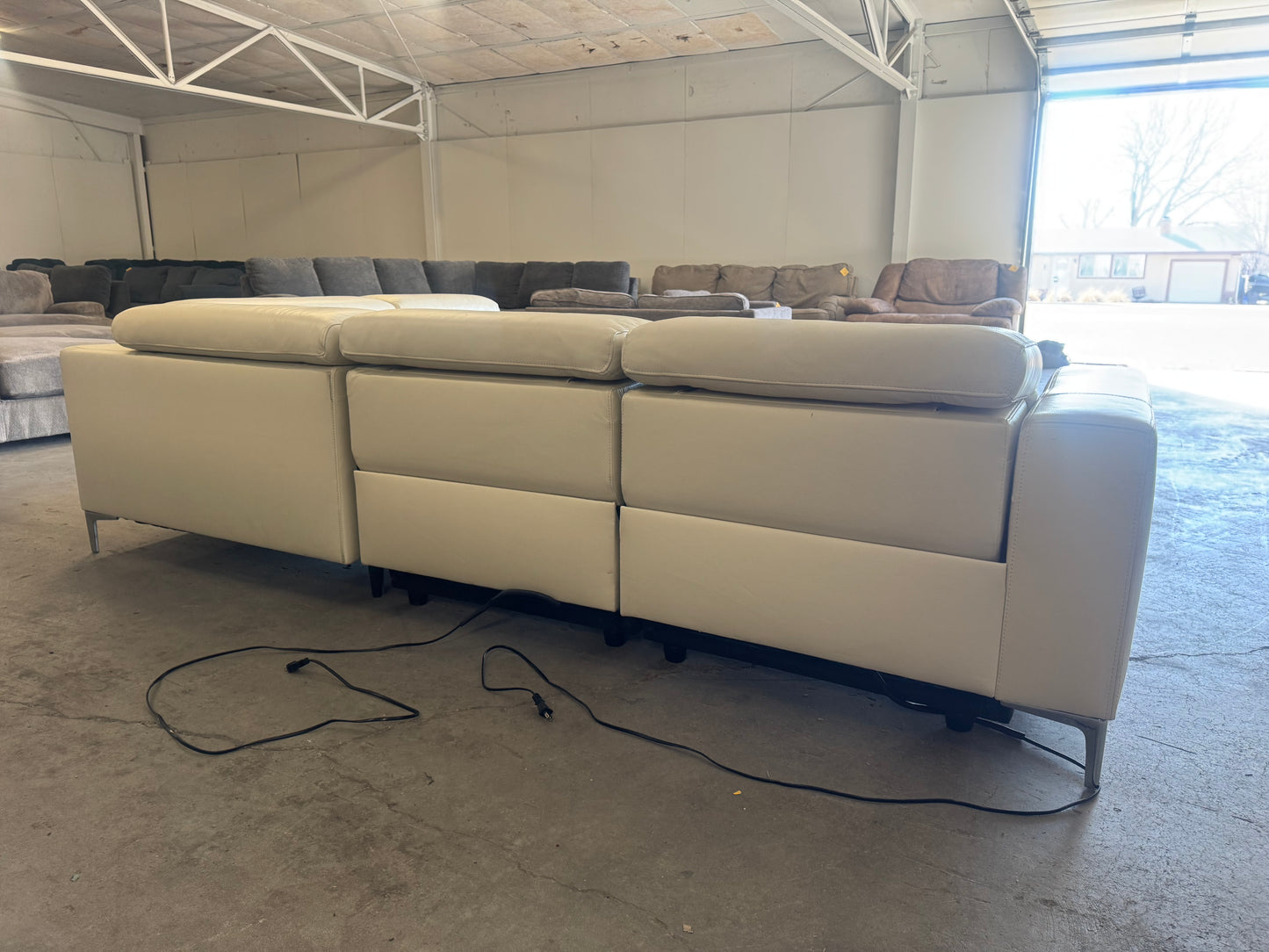 White Leather Power Reclining Sectional with Chaise